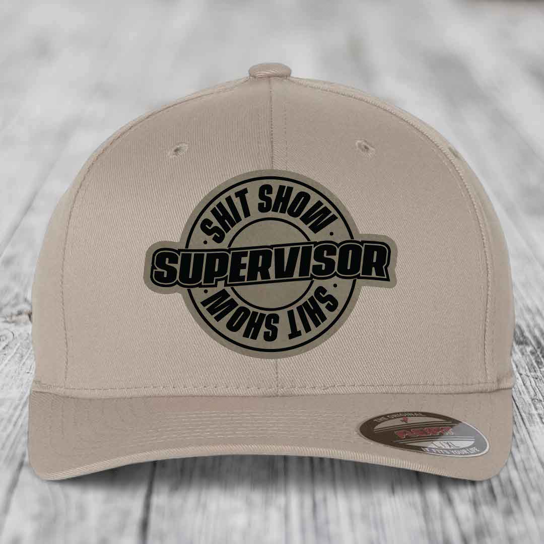 Shit Show Supervisor - Leather Patch Hat - Light Brown to Black Patch - Flexfit 6277 Fitted Hat