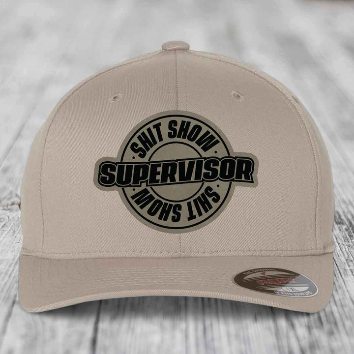 Shit Show Supervisor - Leather Patch Hat - Light Brown to Black Patch - Flexfit 6277 Fitted Hat