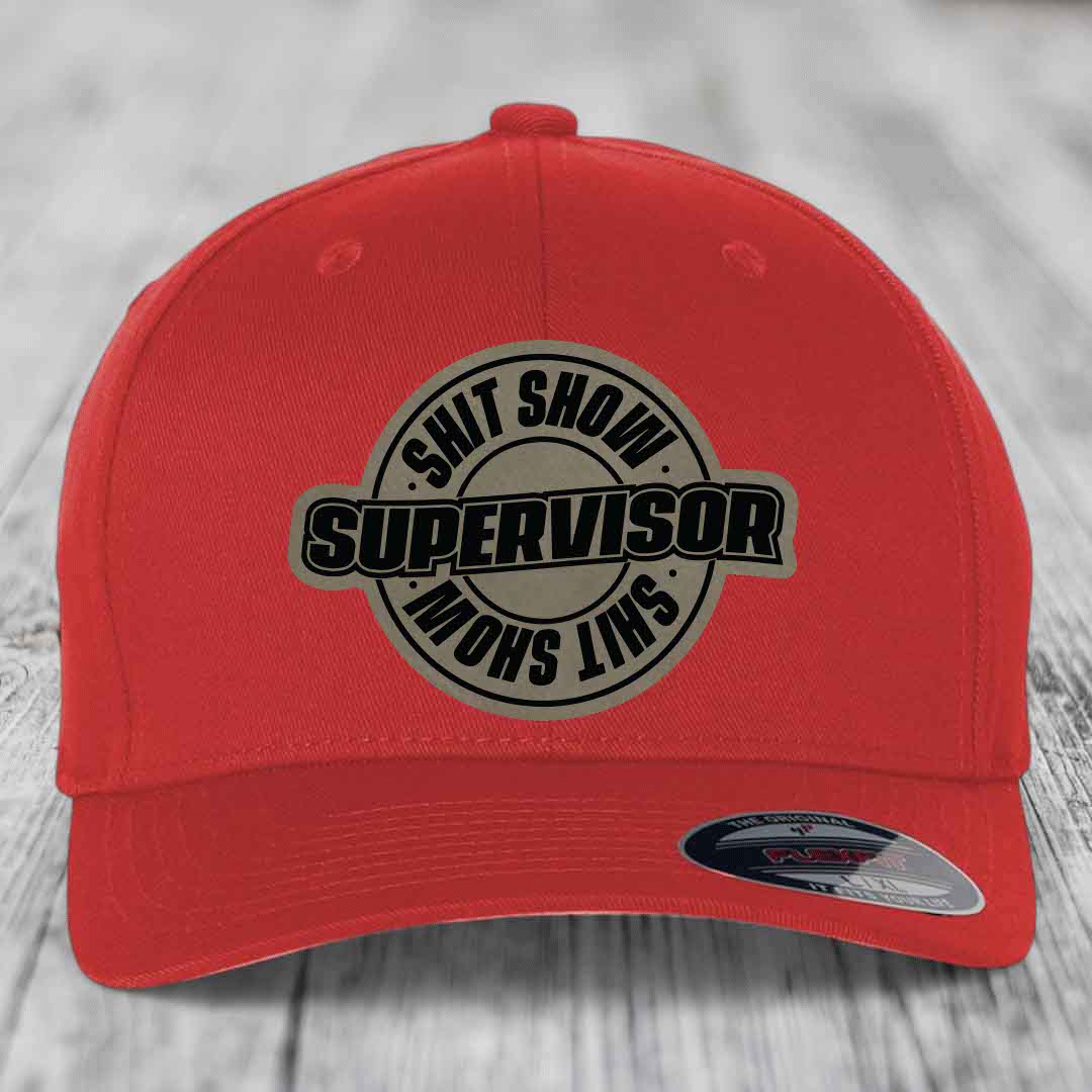 Shit Show Supervisor - Leather Patch Hat - Light Brown to Black Patch - Flexfit 6277 Fitted Hat