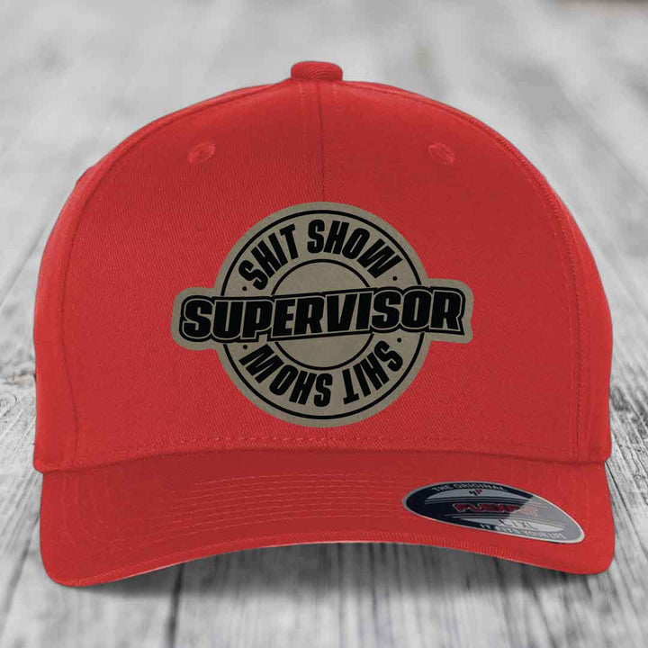 Shit Show Supervisor - Leather Patch Hat - Light Brown to Black Patch - Flexfit 6277 Fitted Hat