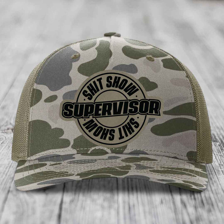 Shit Show Supervisor - Leather Patch Hat - Light Brown to Black Patch - Richardson 112PFP Snapback Trucker Hat