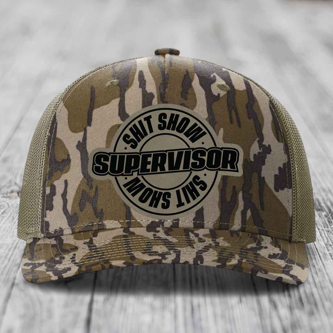 Shit Show Supervisor - Leather Patch Hat - Light Brown to Black Patch - Richardson 112PFP Snapback Trucker Hat