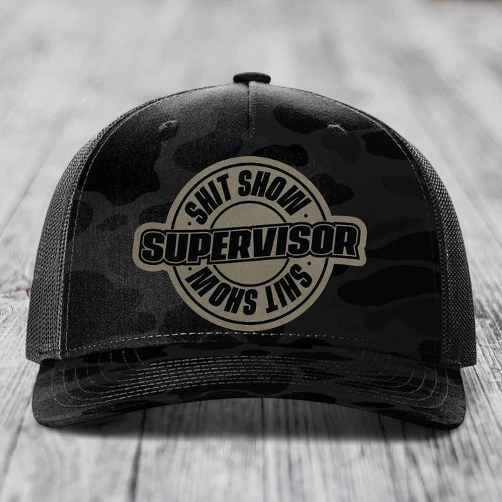 Shit Show Supervisor - Leather Patch Hat - Light Brown to Black Patch - Richardson 112PFP Snapback Trucker Hat