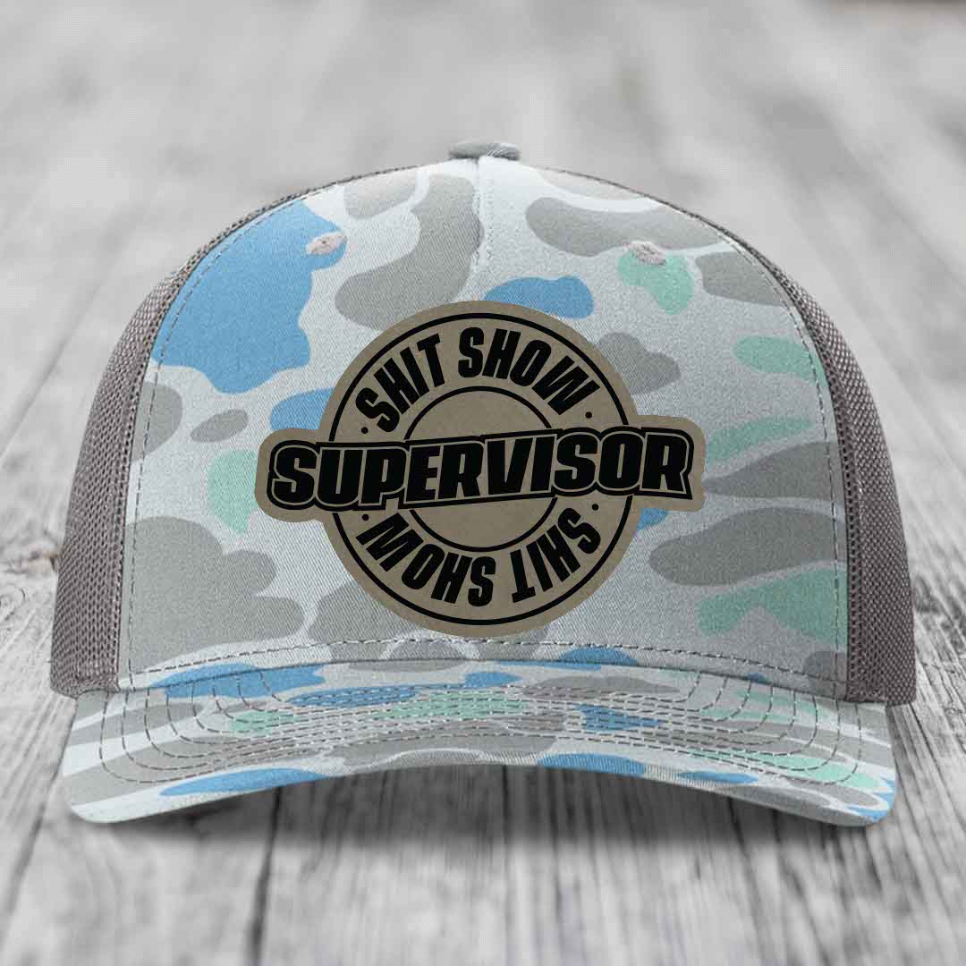 Shit Show Supervisor - Leather Patch Hat - Light Brown to Black Patch - Richardson 112PFP Snapback Trucker Hat