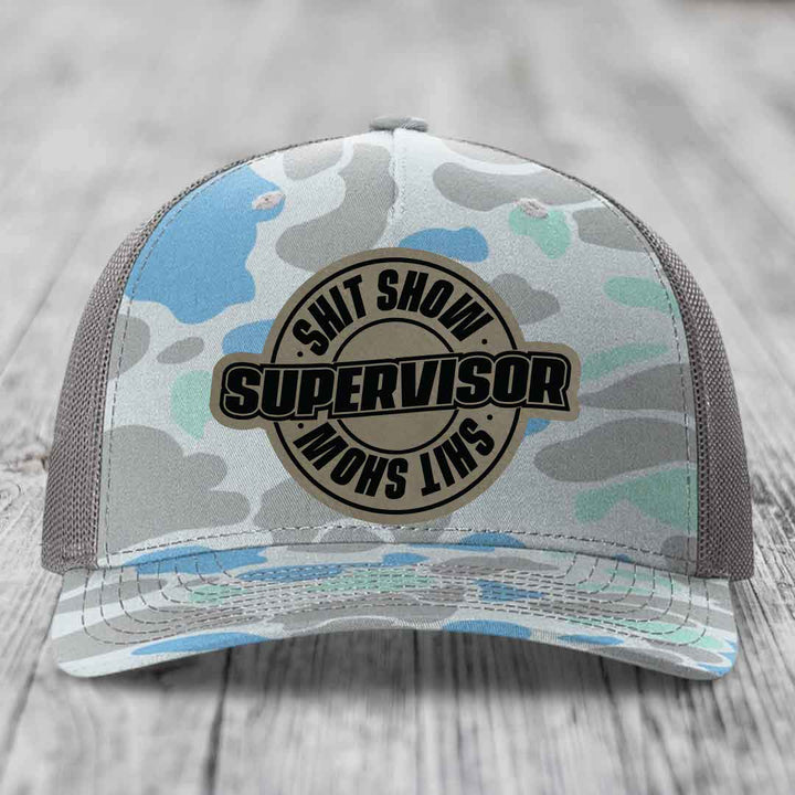Shit Show Supervisor - Leather Patch Hat - Light Brown to Black Patch - Richardson 112PFP Snapback Trucker Hat