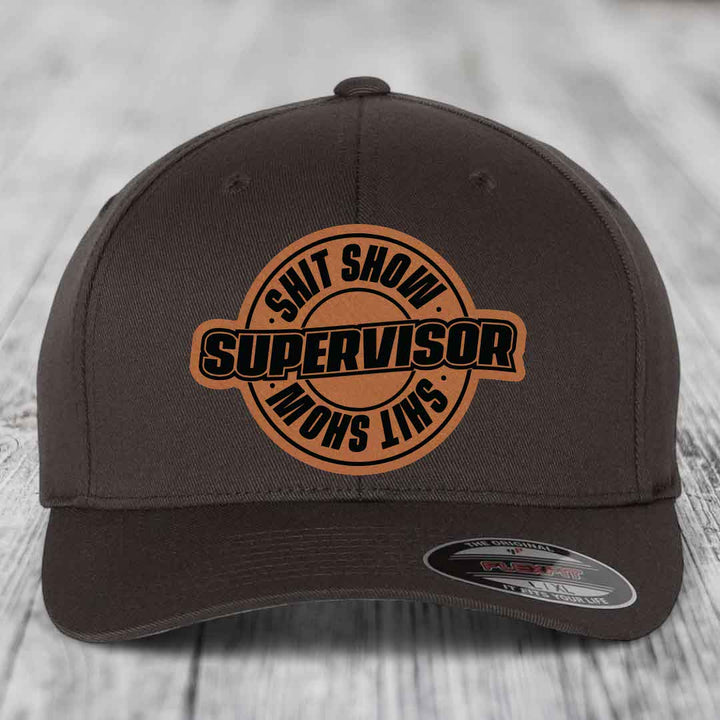 Shit Show Supervisor - Leather Patch Hat - Rawhide to Black Patch - Flexfit 6277 Fitted Hat
