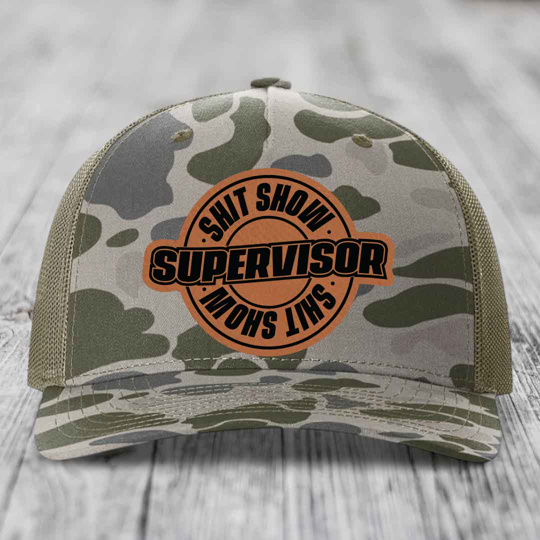 Shit Show Supervisor - Leather Patch Hat - Rawhide to Black Patch - Richardson 112PFP Snapback Trucker Hat