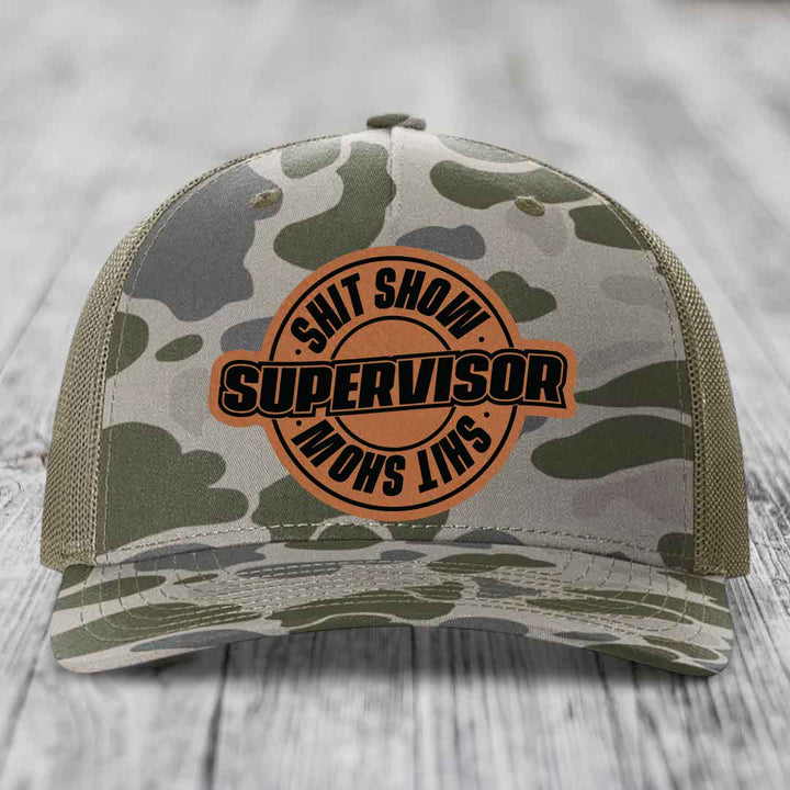 Shit Show Supervisor - Leather Patch Hat - Rawhide to Black Patch - Richardson 112PFP Snapback Trucker Hat