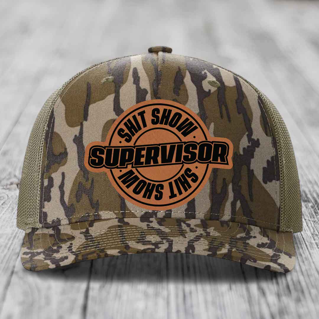 Shit Show Supervisor - Leather Patch Hat - Rawhide to Black Patch - Richardson 112PFP Snapback Trucker Hat