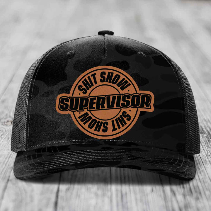 Shit Show Supervisor - Leather Patch Hat - Rawhide to Black Patch - Richardson 112PFP Snapback Trucker Hat
