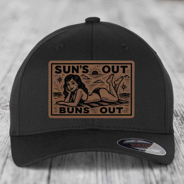 Suns Out, Buns Out - Leather Patch Hat - Dark Brown to Black Patch - Flexfit 6277 Fitted Hat