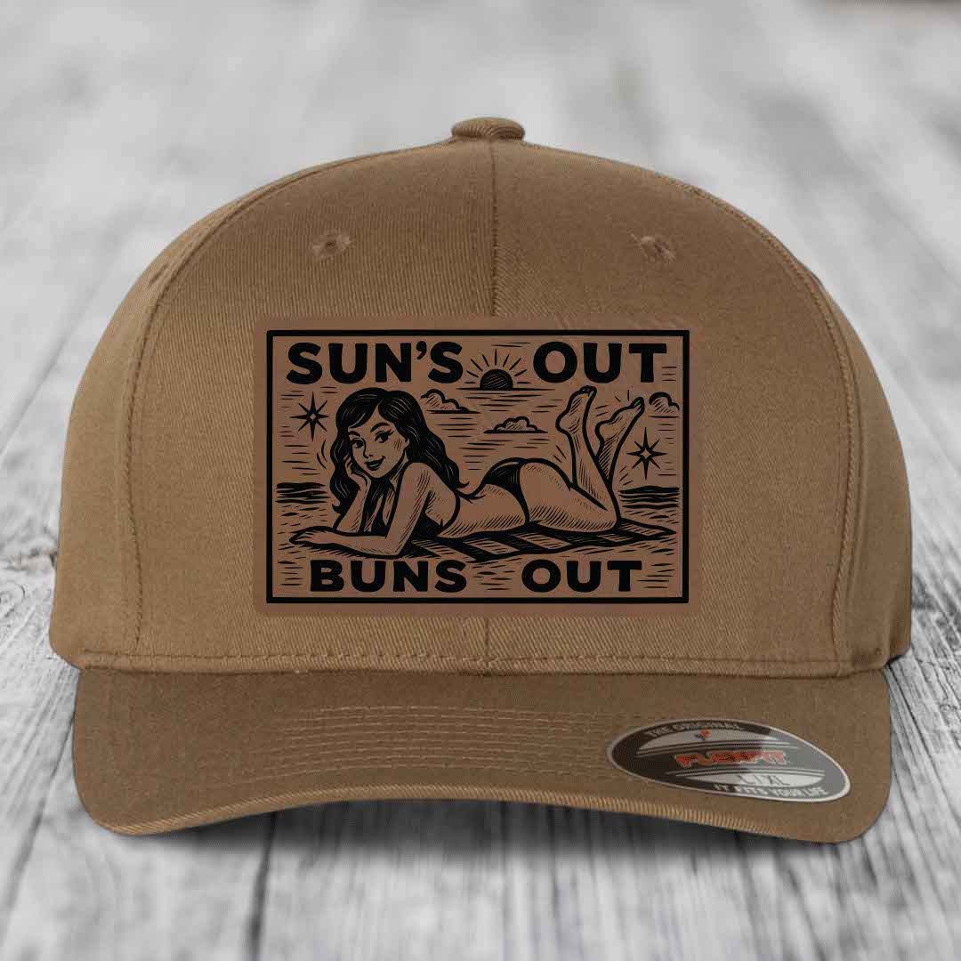 Suns Out, Buns Out - Leather Patch Hat - Dark Brown to Black Patch - Flexfit 6277 Fitted Hat