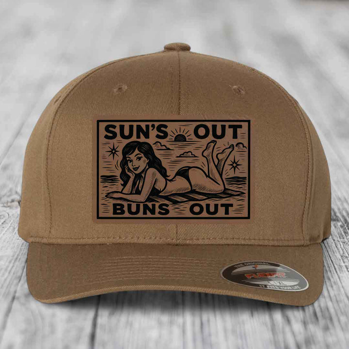 Suns Out, Buns Out - Leather Patch Hat - Dark Brown to Black Patch - Flexfit 6277 Fitted Hat