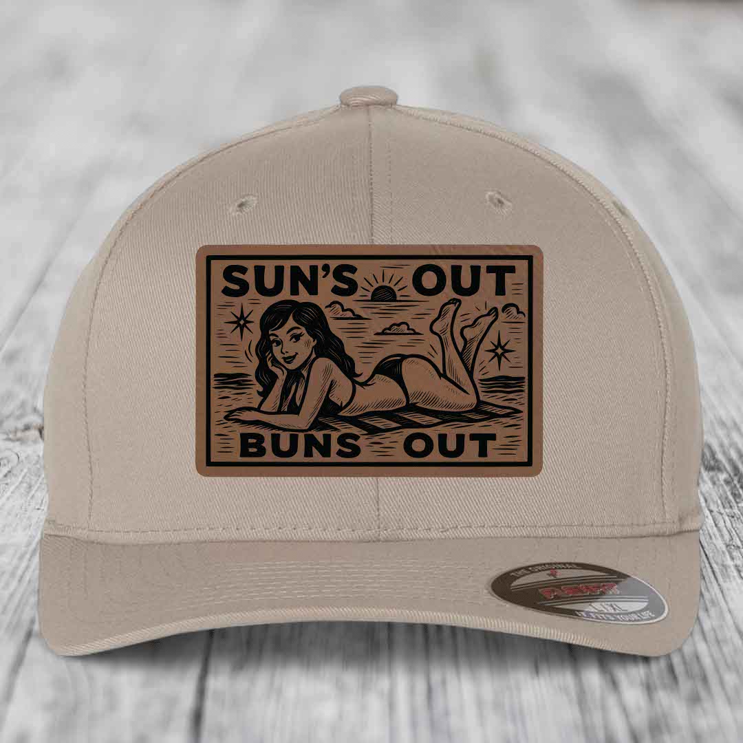 Suns Out, Buns Out - Leather Patch Hat - Dark Brown to Black Patch - Flexfit 6277 Fitted Hat