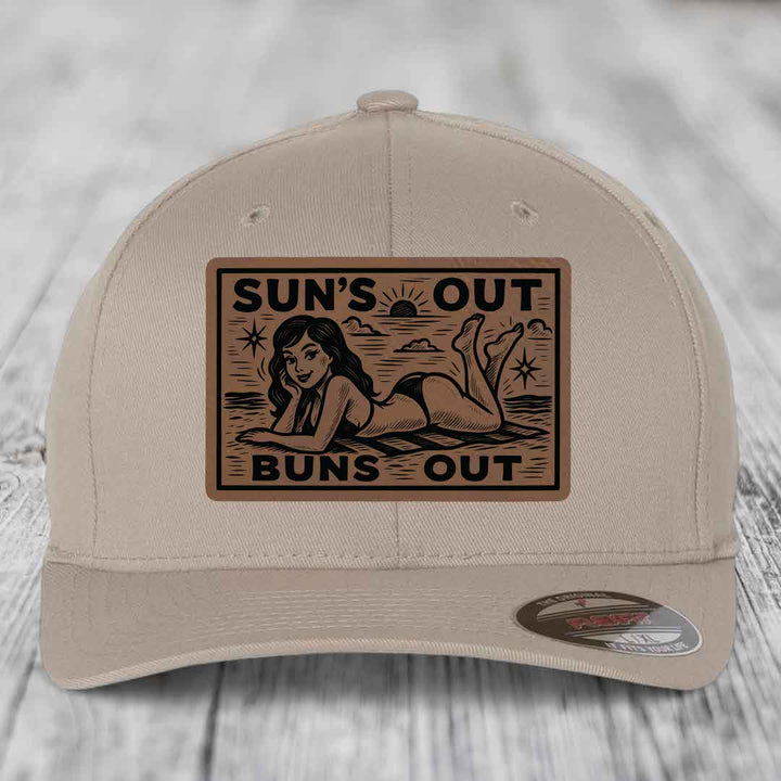 Suns Out, Buns Out - Leather Patch Hat - Dark Brown to Black Patch - Flexfit 6277 Fitted Hat