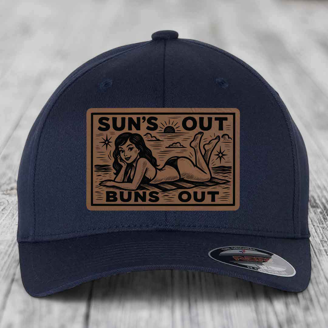Suns Out, Buns Out - Leather Patch Hat - Dark Brown to Black Patch - Flexfit 6277 Fitted Hat