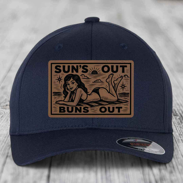 Suns Out, Buns Out - Leather Patch Hat - Dark Brown to Black Patch - Flexfit 6277 Fitted Hat