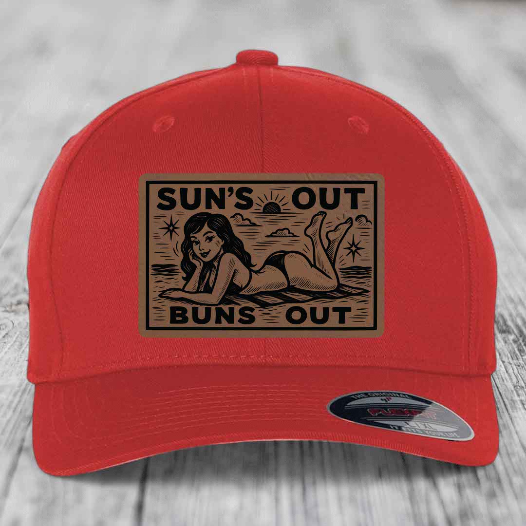 Suns Out, Buns Out - Leather Patch Hat - Dark Brown to Black Patch - Flexfit 6277 Fitted Hat