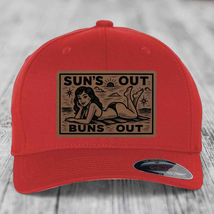 Suns Out, Buns Out - Leather Patch Hat - Dark Brown to Black Patch - Flexfit 6277 Fitted Hat