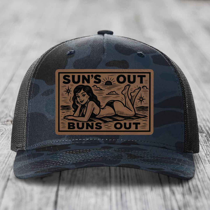 Suns Out, Buns Out - Leather Patch Hat - Dark Brown to Black Patch - Richardson 112PFP Snapback Trucker Hat