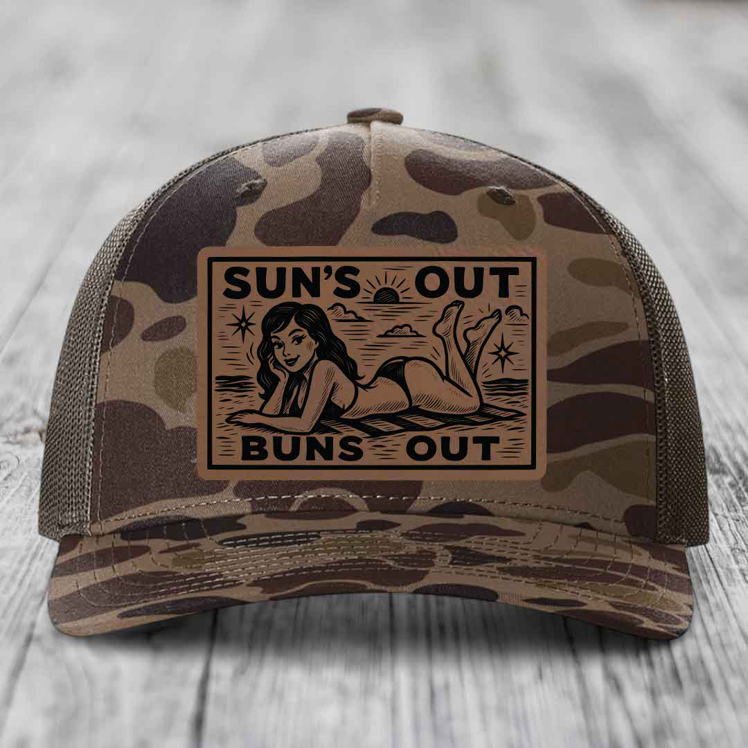 Suns Out, Buns Out - Leather Patch Hat - Dark Brown to Black Patch - Richardson 112PFP Snapback Trucker Hat