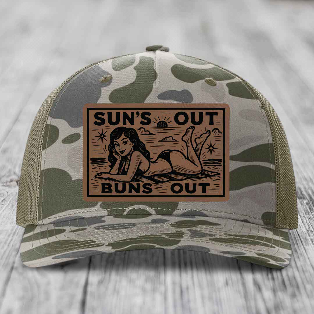 Suns Out, Buns Out - Leather Patch Hat - Dark Brown to Black Patch - Richardson 112PFP Snapback Trucker Hat
