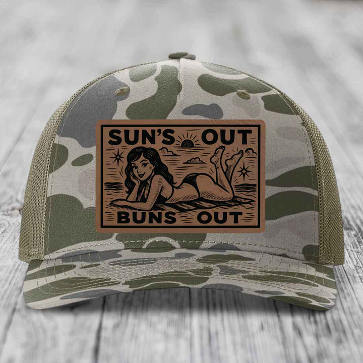Suns Out, Buns Out - Leather Patch Hat - Dark Brown to Black Patch - Richardson 112PFP Snapback Trucker Hat