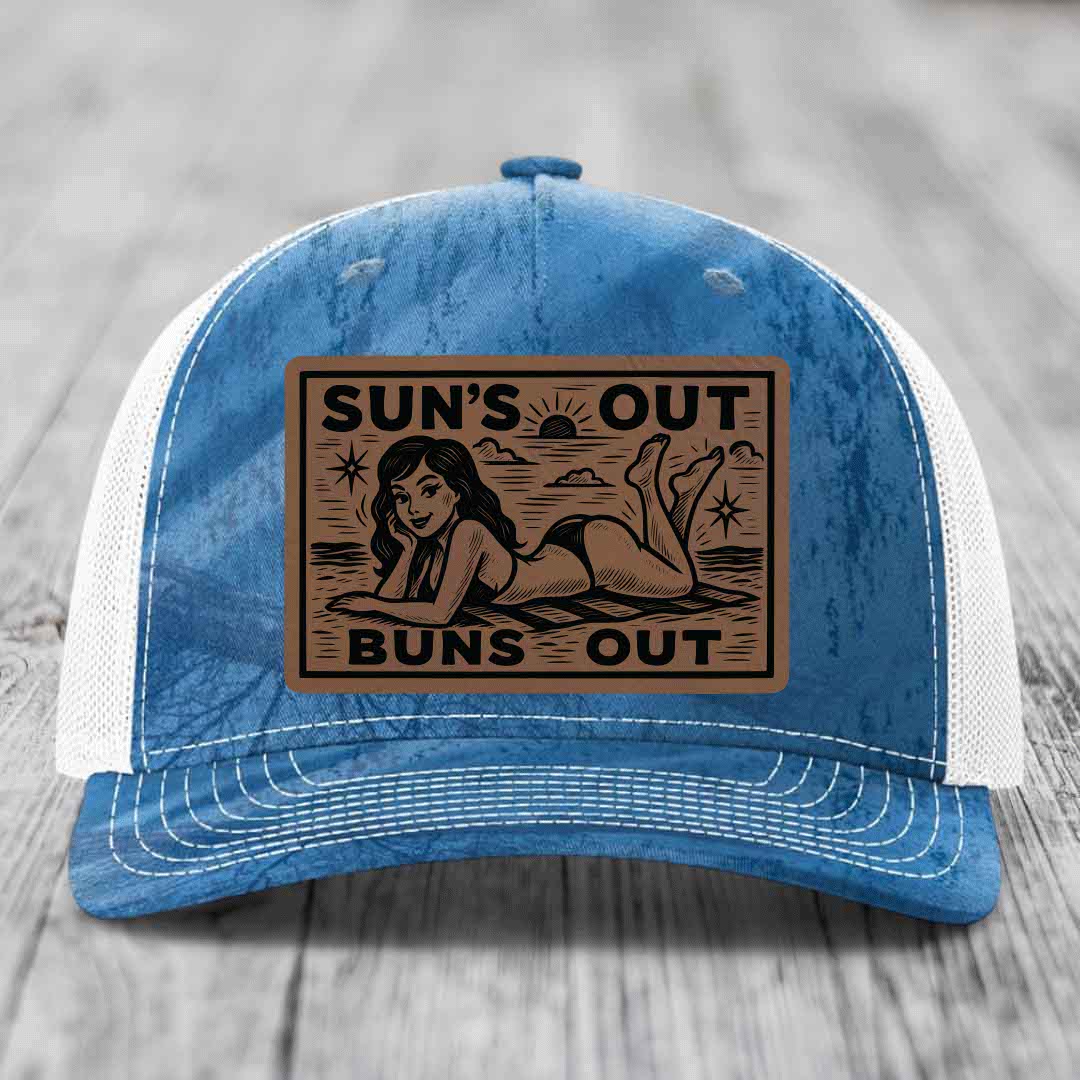 Suns Out, Buns Out - Leather Patch Hat - Dark Brown to Black Patch - Richardson 112PFP Snapback Trucker Hat