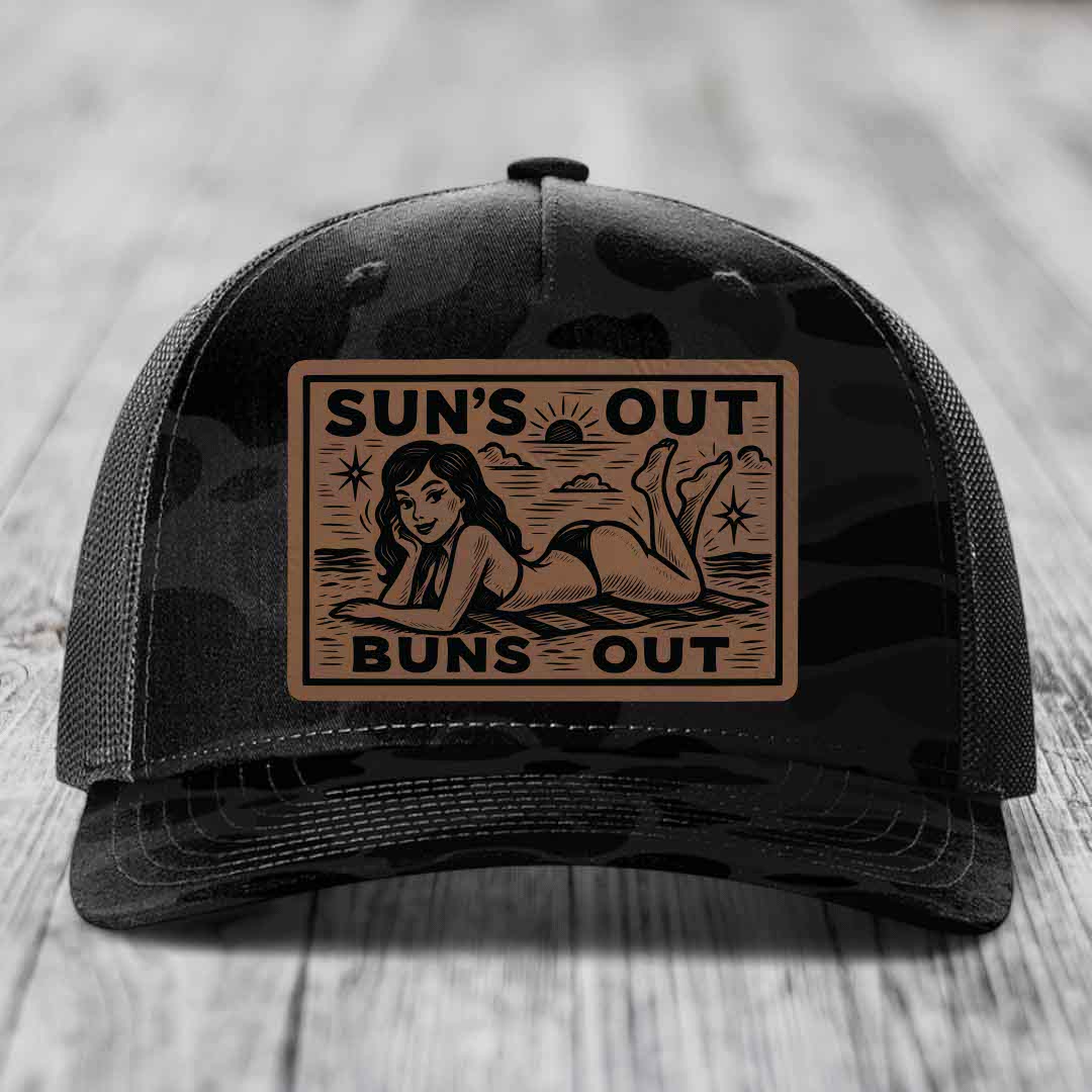 Suns Out, Buns Out - Leather Patch Hat - Dark Brown to Black Patch - Richardson 112PFP Snapback Trucker Hat