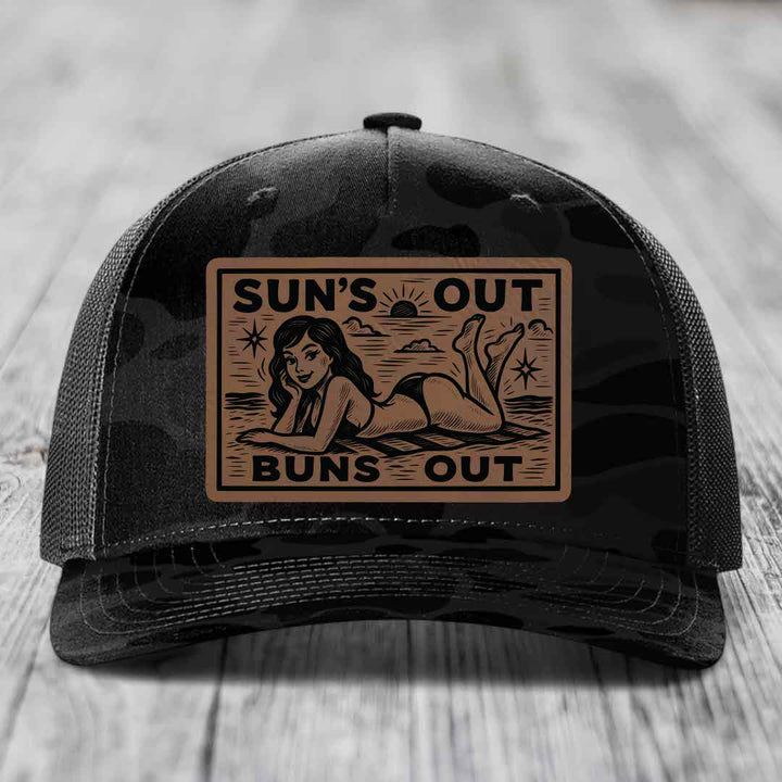 Suns Out, Buns Out - Leather Patch Hat - Dark Brown to Black Patch - Richardson 112PFP Snapback Trucker Hat