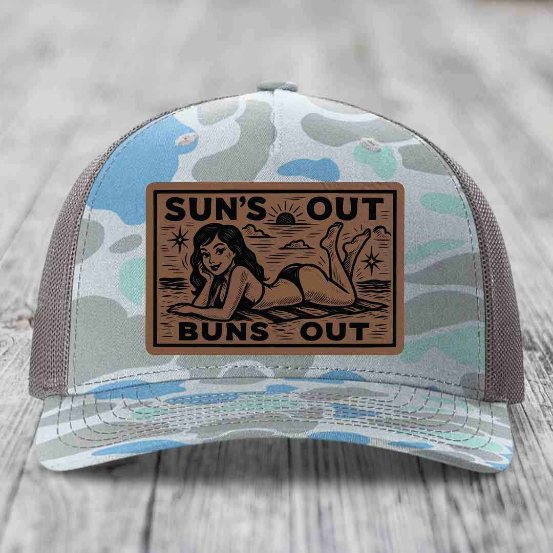 Suns Out, Buns Out - Leather Patch Hat - Dark Brown to Black Patch - Richardson 112PFP Snapback Trucker Hat