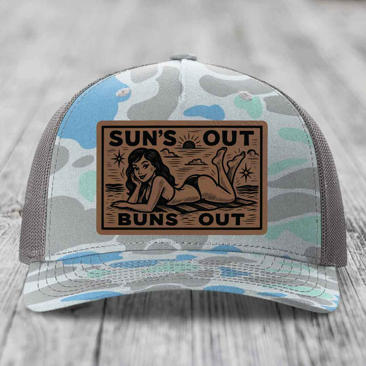 Suns Out, Buns Out - Leather Patch Hat - Dark Brown to Black Patch - Richardson 112PFP Snapback Trucker Hat