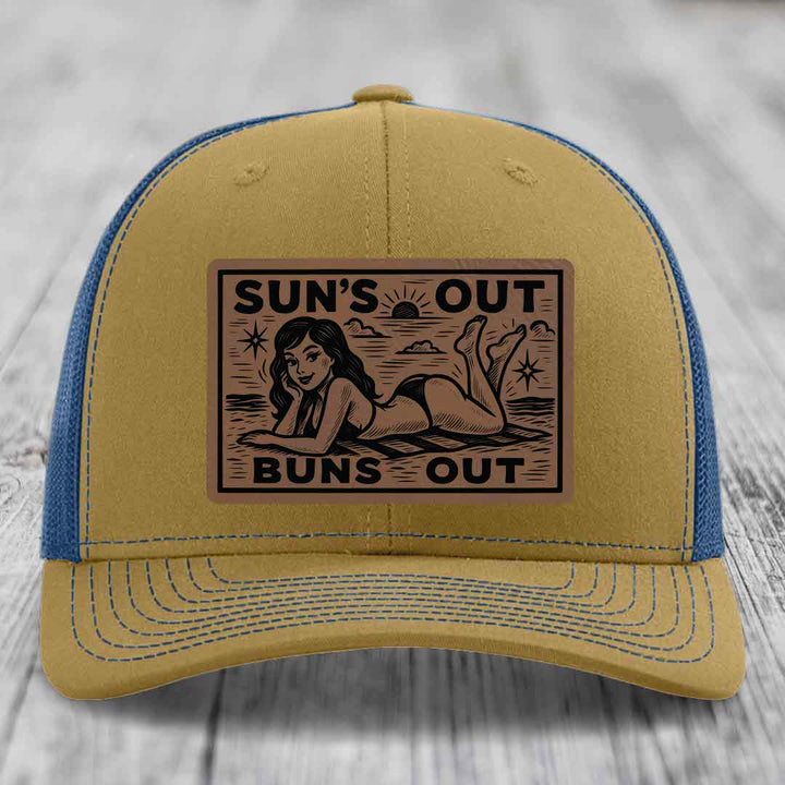 Suns Out, Buns Out - Leather Patch Hat - Dark Brown to Black Patch - Richardson 112 Snapback Trucker Hat