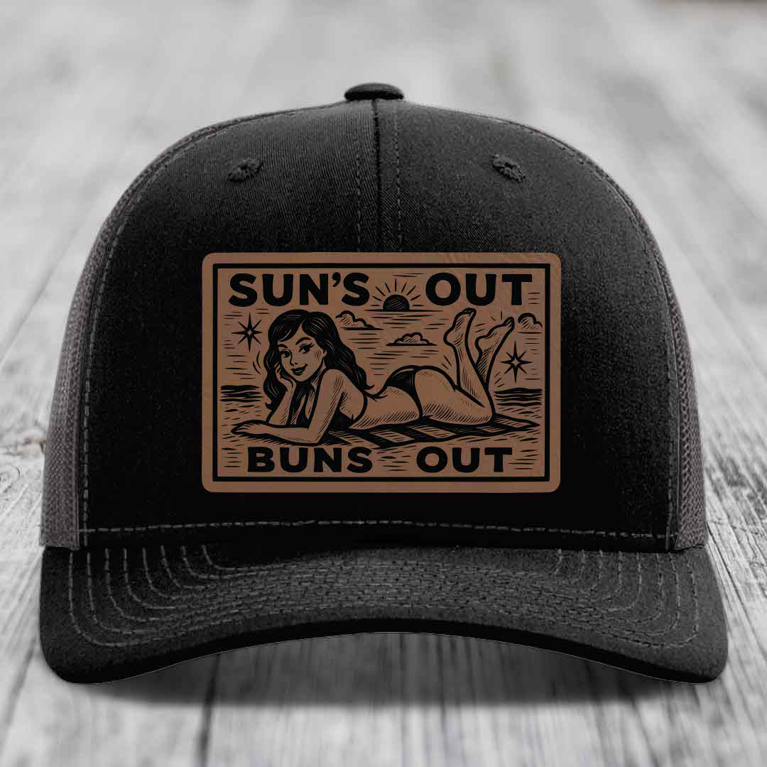 Suns Out, Buns Out - Leather Patch Hat - Dark Brown to Black Patch - Richardson 112 Snapback Trucker Hat