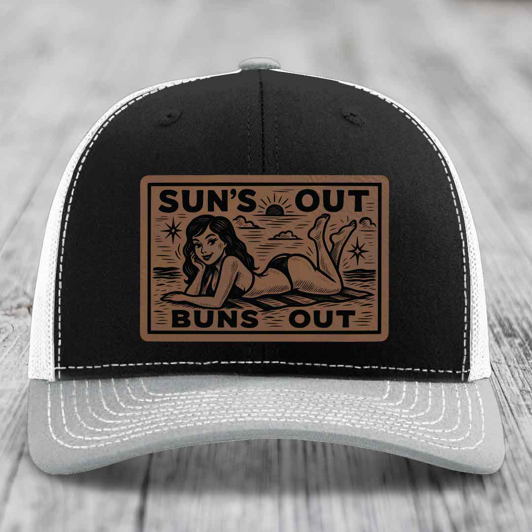 Suns Out, Buns Out - Leather Patch Hat - Dark Brown to Black Patch - Richardson 112 Snapback Trucker Hat