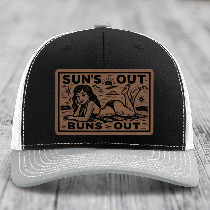 Suns Out, Buns Out - Leather Patch Hat - Dark Brown to Black Patch - Richardson 112 Snapback Trucker Hat