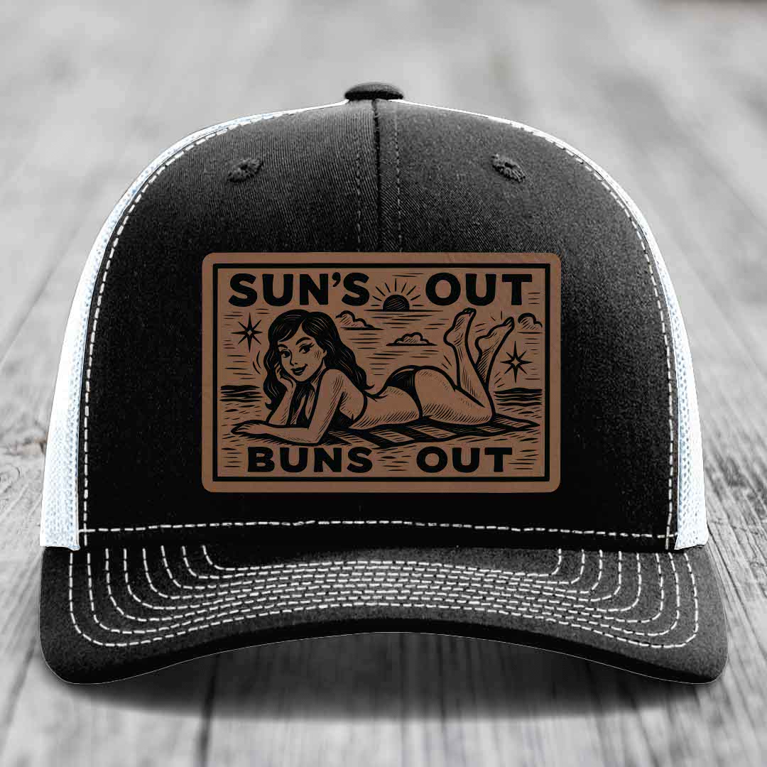 Suns Out, Buns Out - Leather Patch Hat - Dark Brown to Black Patch - Richardson 112 Snapback Trucker Hat
