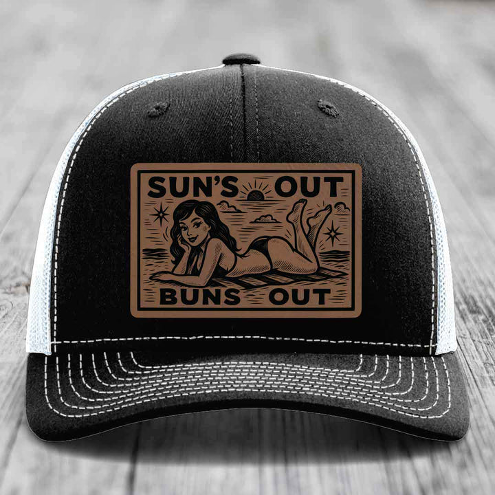 Suns Out, Buns Out - Leather Patch Hat - Dark Brown to Black Patch - Richardson 112 Snapback Trucker Hat