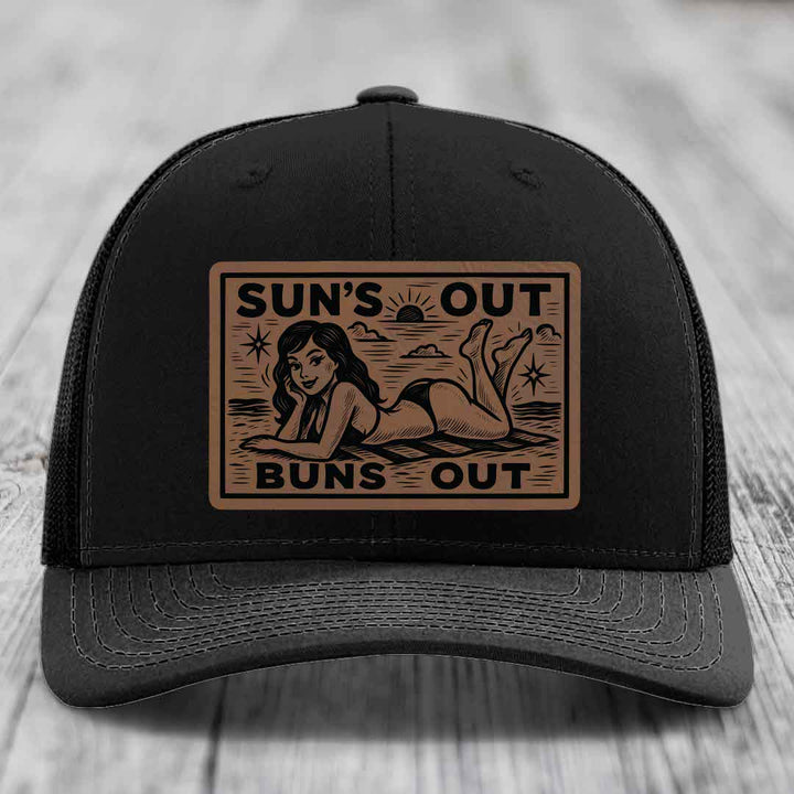 Suns Out, Buns Out - Leather Patch Hat - Dark Brown to Black Patch - Richardson 112 Snapback Trucker Hat