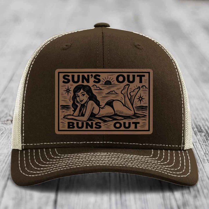 Suns Out, Buns Out - Leather Patch Hat - Dark Brown to Black Patch - Richardson 112 Snapback Trucker Hat
