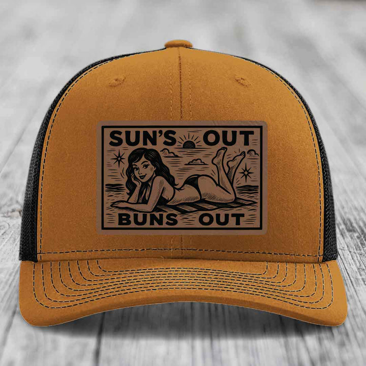 Suns Out, Buns Out - Leather Patch Hat - Dark Brown to Black Patch - Richardson 112 Snapback Trucker Hat