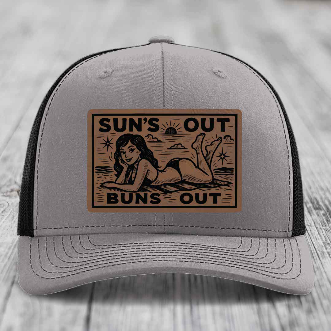 Suns Out, Buns Out - Leather Patch Hat - Dark Brown to Black Patch - Richardson 112 Snapback Trucker Hat