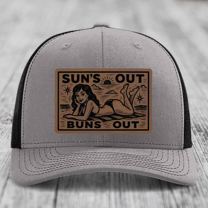 Suns Out, Buns Out - Leather Patch Hat - Dark Brown to Black Patch - Richardson 112 Snapback Trucker Hat