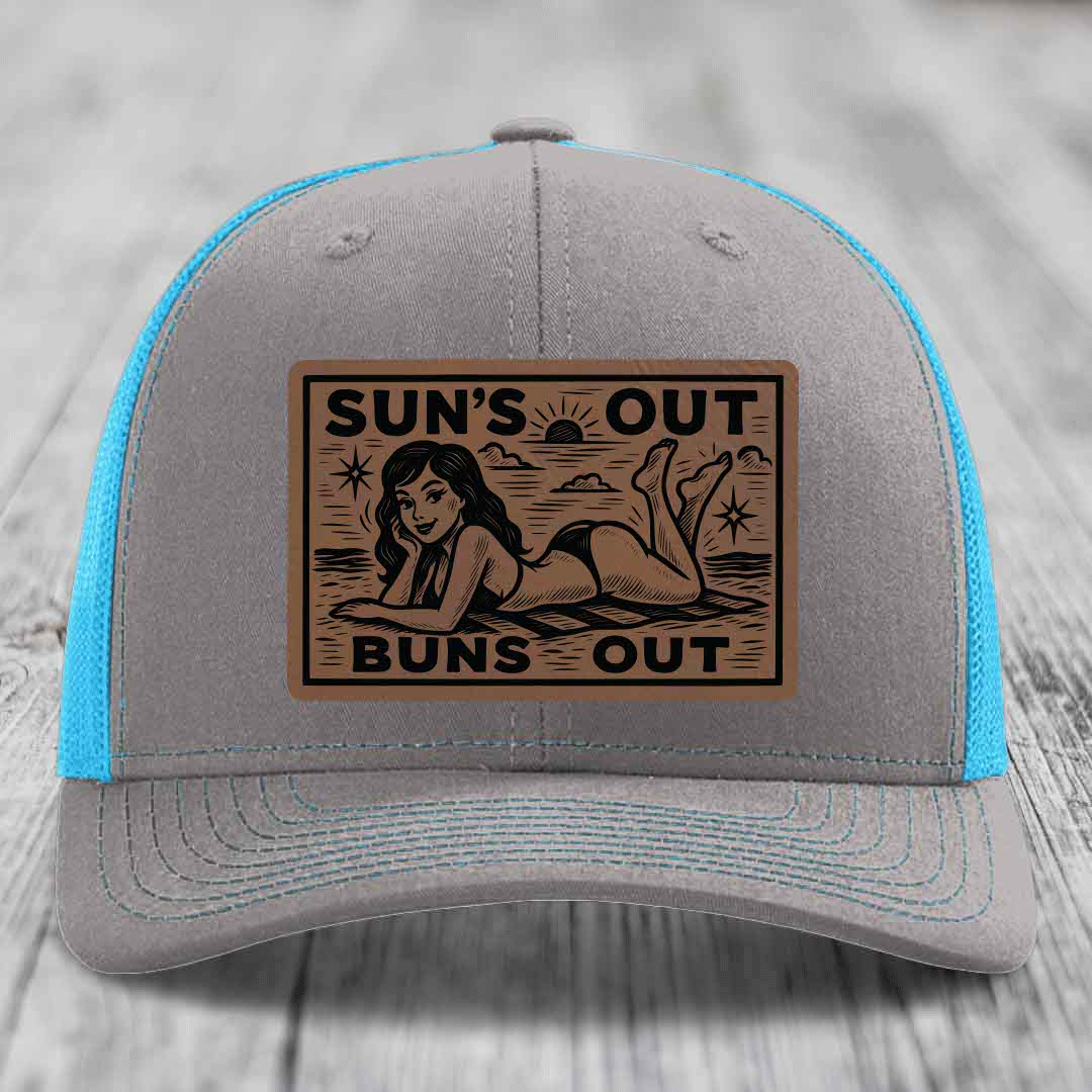 Suns Out, Buns Out - Leather Patch Hat - Dark Brown to Black Patch - Richardson 112 Snapback Trucker Hat