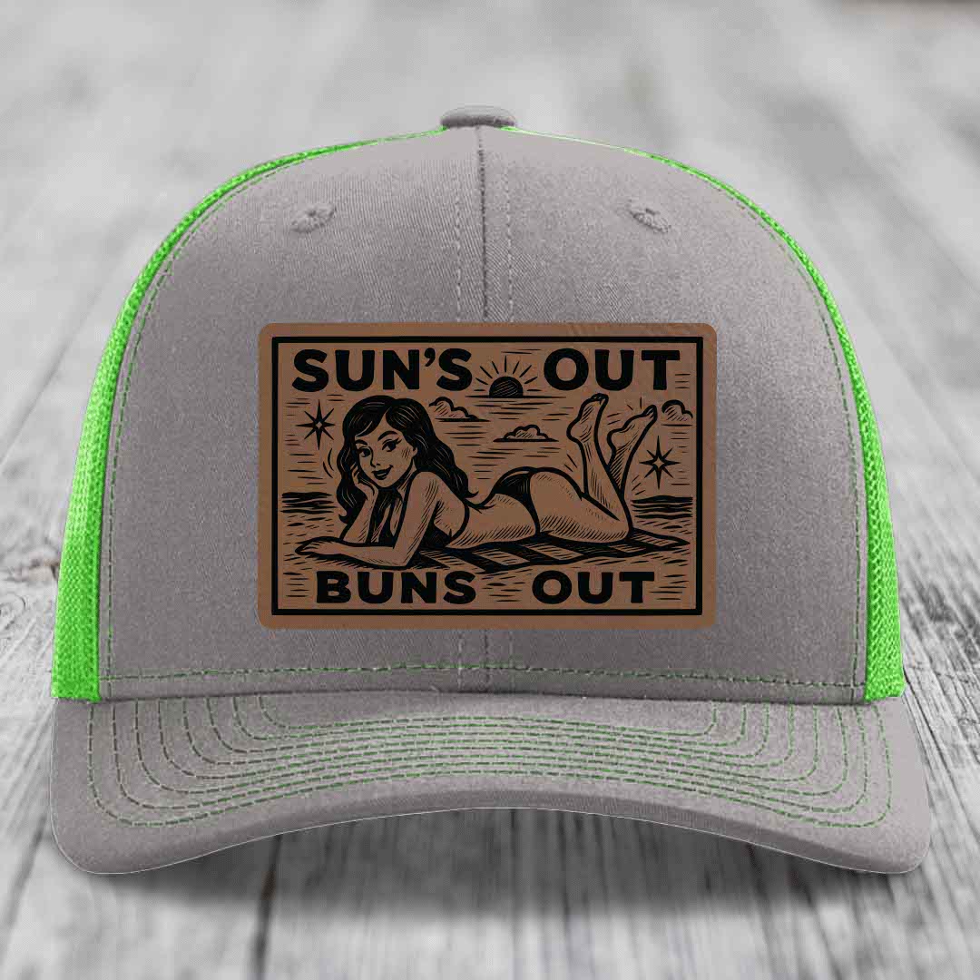 Suns Out, Buns Out - Leather Patch Hat - Dark Brown to Black Patch - Richardson 112 Snapback Trucker Hat