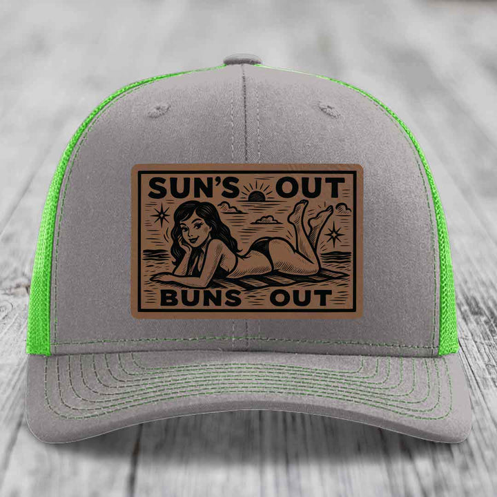 Suns Out, Buns Out - Leather Patch Hat - Dark Brown to Black Patch - Richardson 112 Snapback Trucker Hat