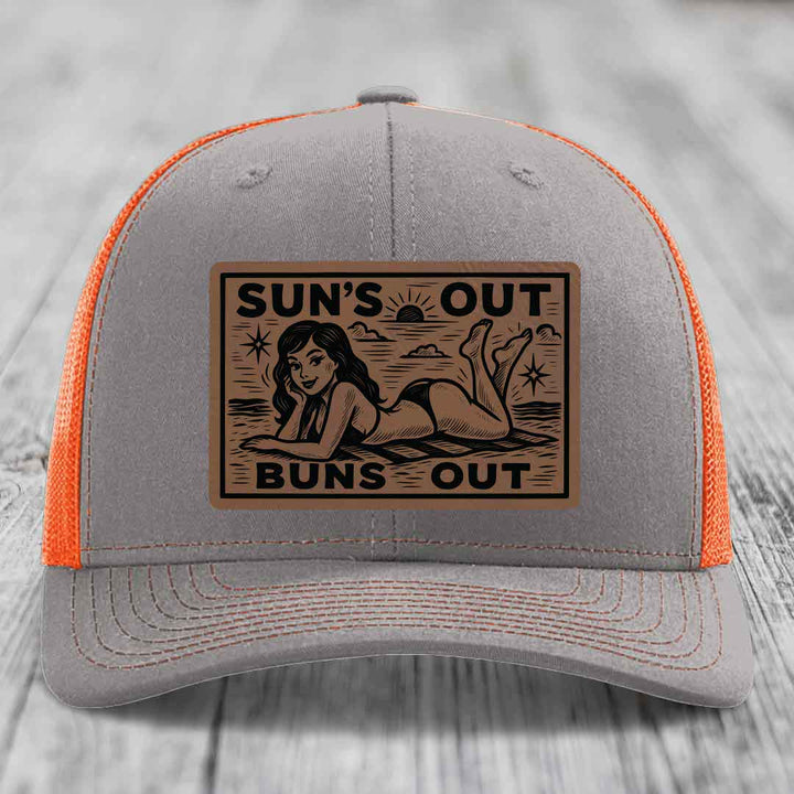 Suns Out, Buns Out - Leather Patch Hat - Dark Brown to Black Patch - Richardson 112 Snapback Trucker Hat