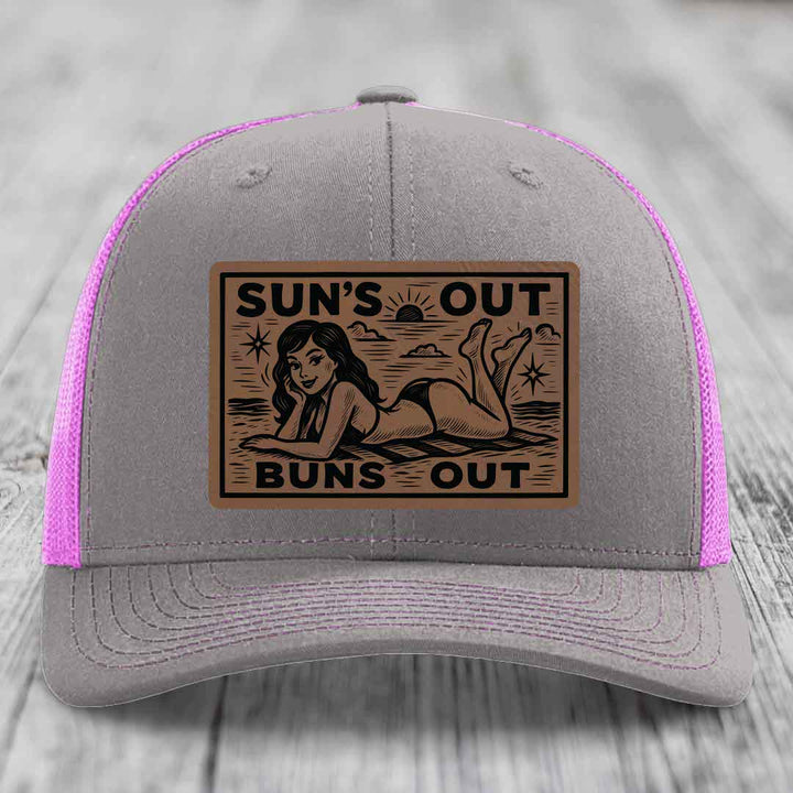 Suns Out, Buns Out - Leather Patch Hat - Dark Brown to Black Patch - Richardson 112 Snapback Trucker Hat