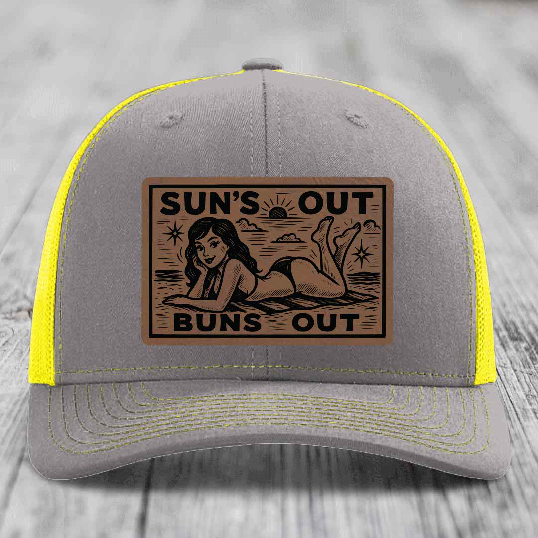 Suns Out, Buns Out - Leather Patch Hat - Dark Brown to Black Patch - Richardson 112 Snapback Trucker Hat