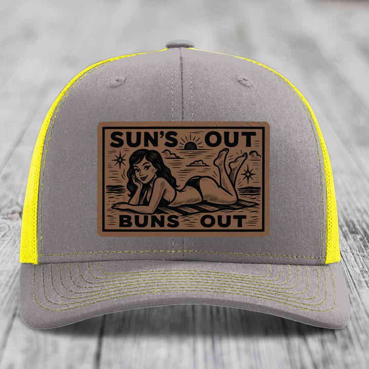Suns Out, Buns Out - Leather Patch Hat - Dark Brown to Black Patch - Richardson 112 Snapback Trucker Hat